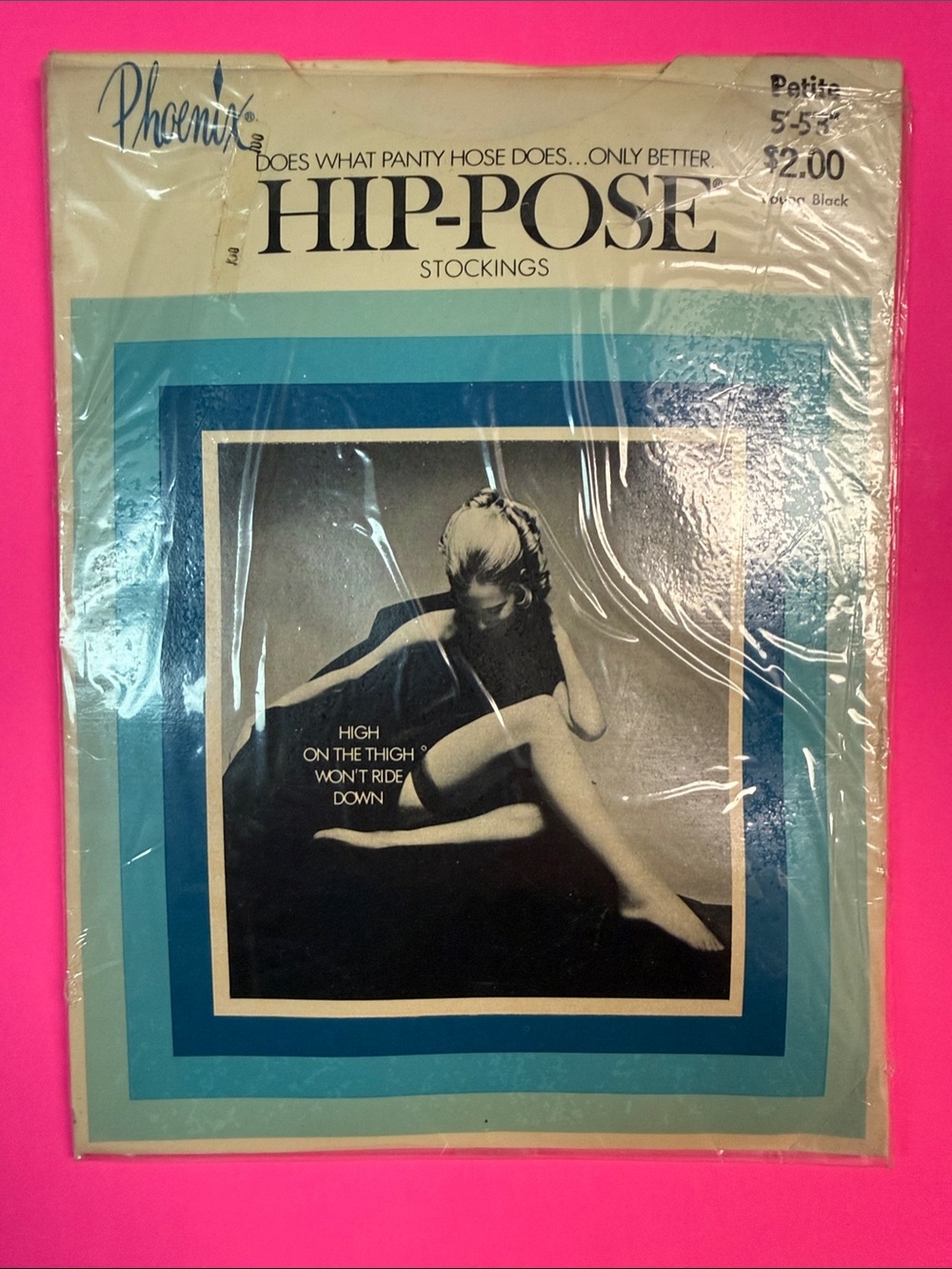 Phenix Hip-Pose Stockings Packaging — Teal, Blue, Black